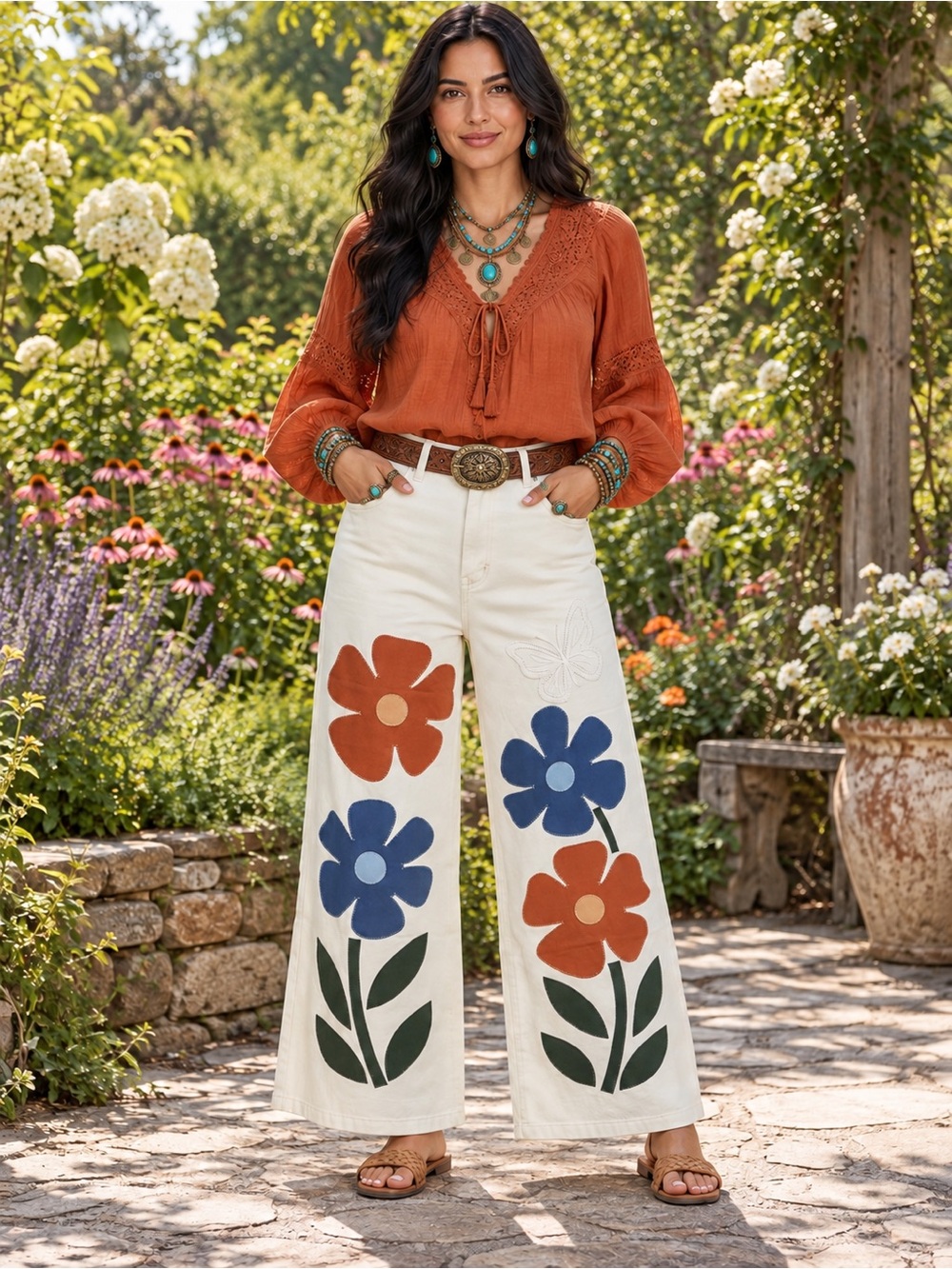 H026 NWT BiBi XL w17 Cream Wide-Leg Jeans Pants with Blue Rust Floral Appliqués